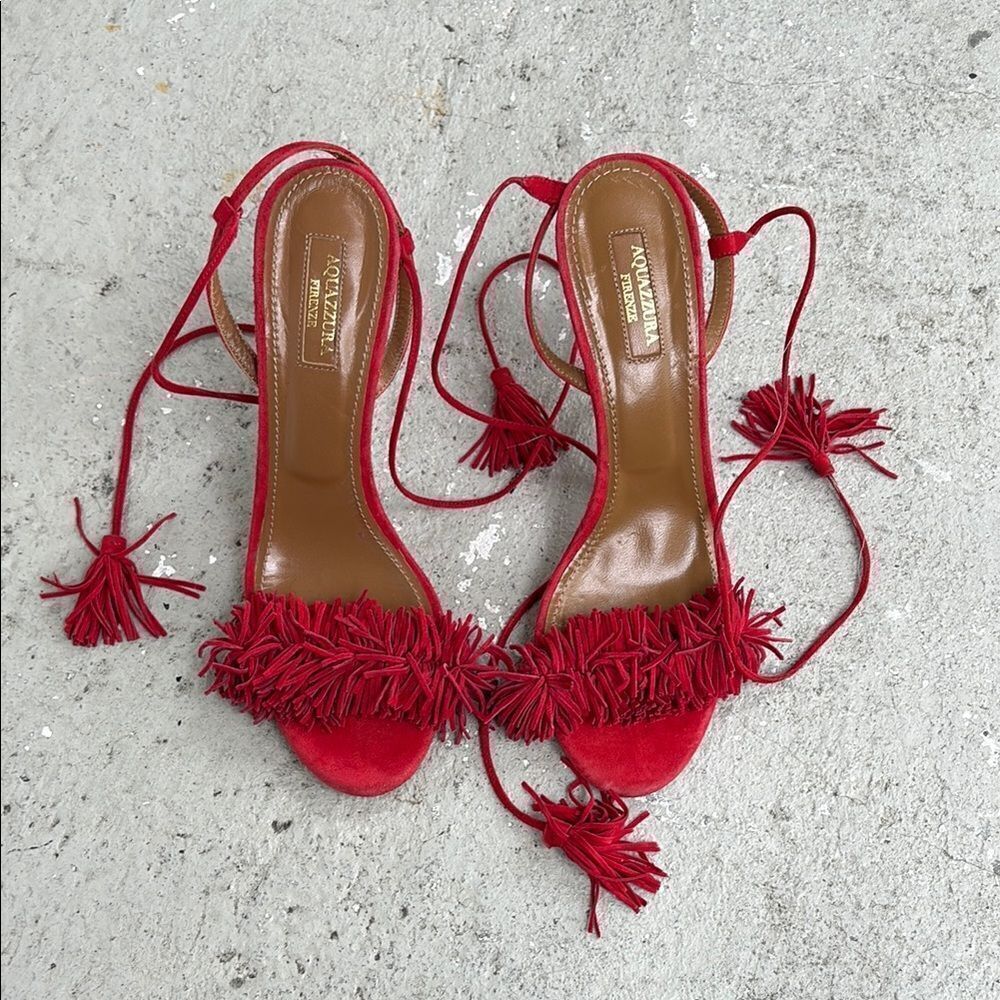 Aquazzura Red Fringe Lace-Up Suede Sandals